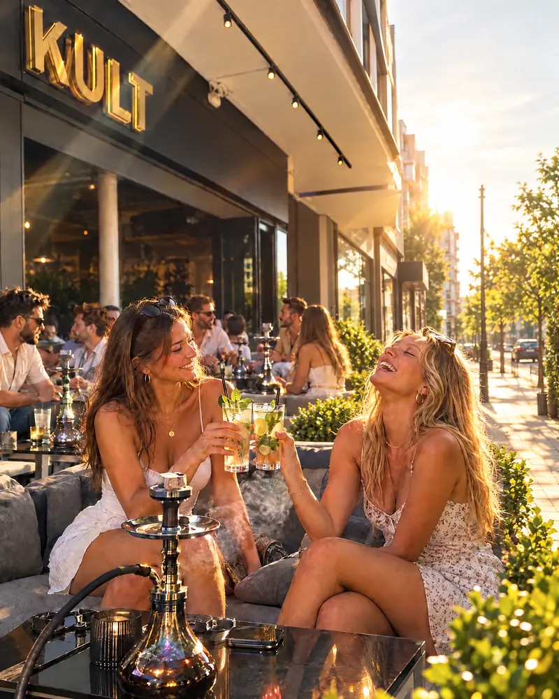 Freundinnen stossen auf der sonnigen KULT-Terrasse an